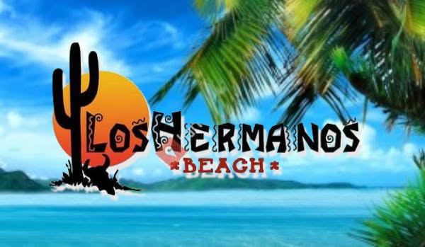 Los Hermanos Beach markasının kapak sanatı: kaktüs, güneş ve plaj illüstrasyonlu logo